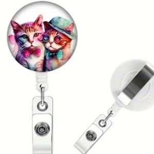 Cute Dressy Cats Badge Reel with Retractable Carabiner Clip and Snap Closure